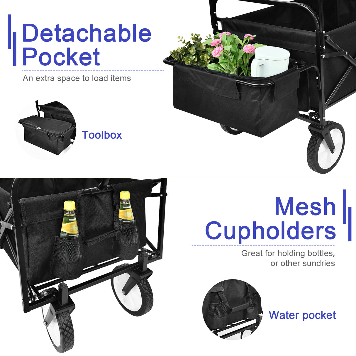 Heavy Duty Folding Portable Hand Cart na may Removable Canopy 8'' Wheels Adjustable Handles at Double Fabric para sa Shopping Picnic Beach Camping Black