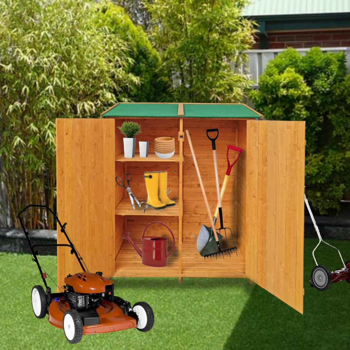 63.58"X 24.6"X 53.15" Wooden Shed Natural for Backyard Garden Big Tool Storage Flat Roof Room