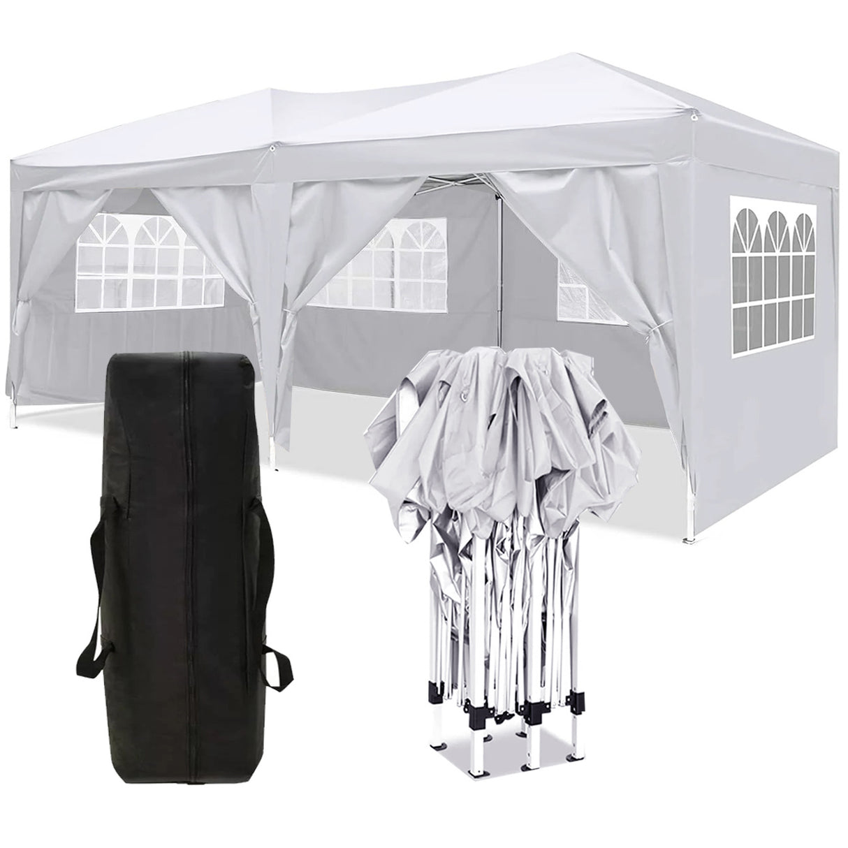 Carpa plegable para fiestas portátil al aire libre con dosel emergente EZ de 10x20 con 6 paredes laterales extraíbles + bolsa de transporte + bolsa de peso de 4 piezas, color blanco