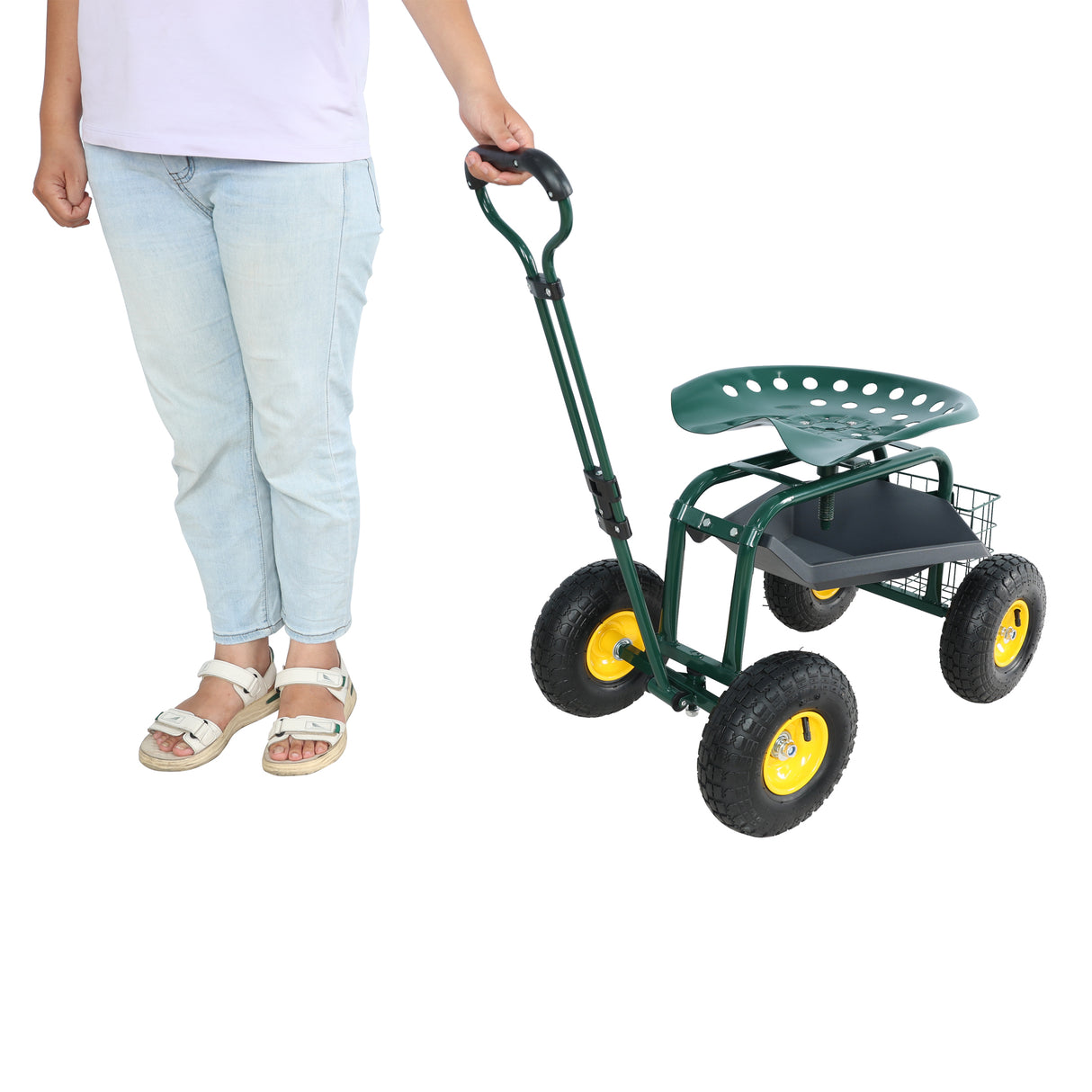 Chariot de jardin, chaise de travail roulante avec tabouret à roulettes pour plantation, siège pivotant à 360 degrés, station-wagon, scooter avec poignée de direction et plateau utilitaire pour cour et extérieur, vert