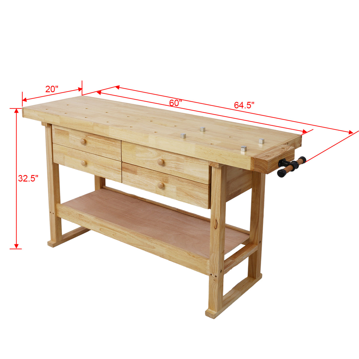 Établi de 60 pouces, 4 tiroirs, établi en bois avec jeu de pinces à barre, gorge de 12 pouces x 3 pouces pour Garage, atelier, maison