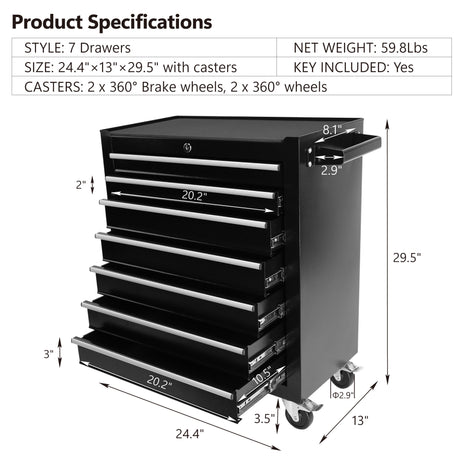 7 Drawers Portable Rolling Tool Chest Box with Wheels Organizer for Garage Workshop Home Crafts Use Black