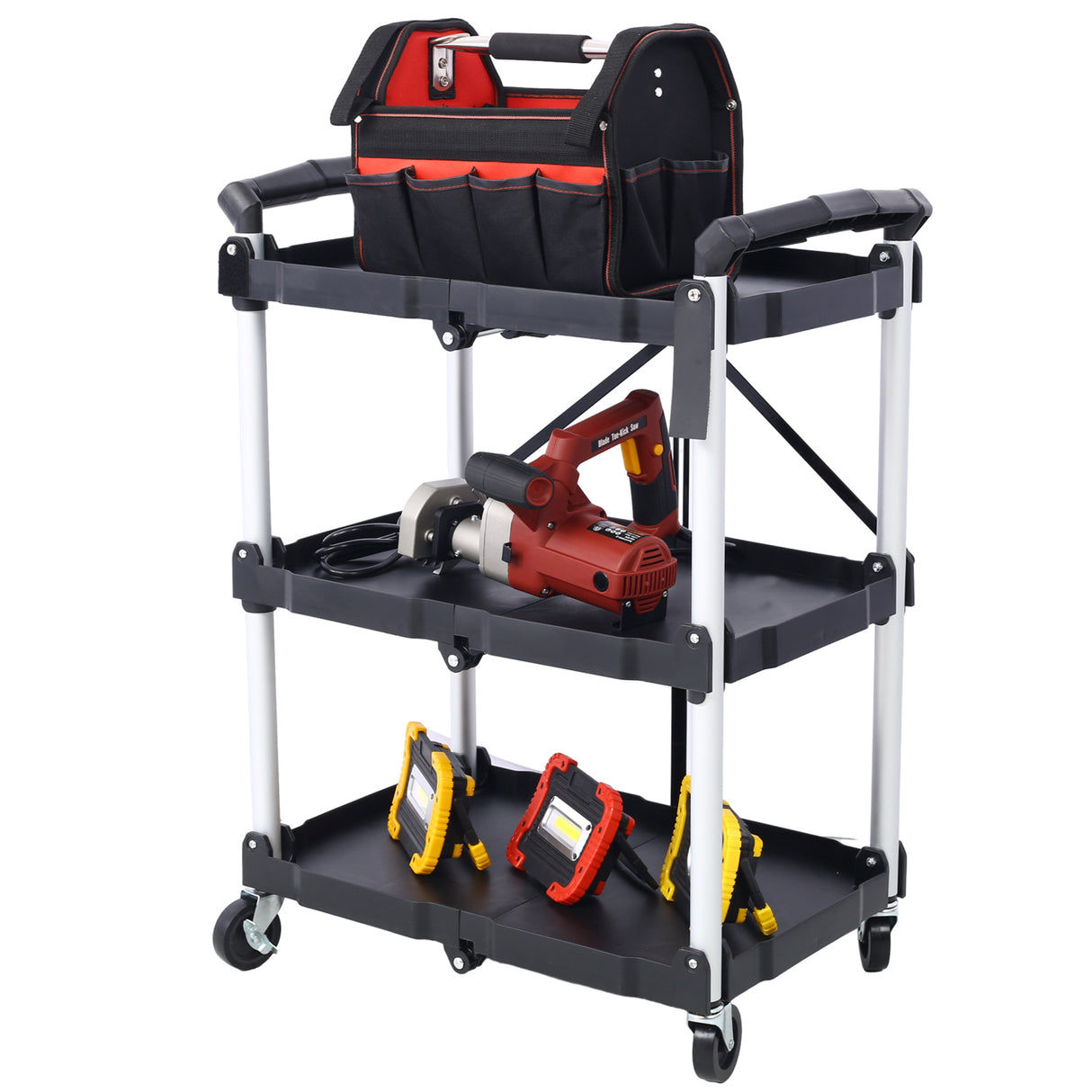 3 Layers Folding Collapsible Service Cart Pack-N-Roll Black 50 Lb. Load Capacity Per Shelf