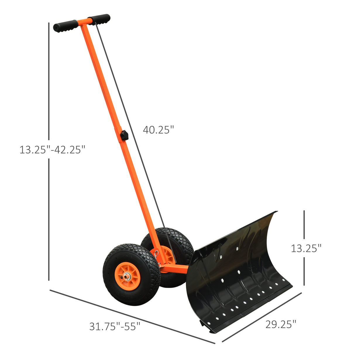 Empujador de pala de nieve con ruedas Mango de ángulo ajustable acolchado Herramienta de remoción de nieve Hoja de 29" Ruedas de 10" Naranja