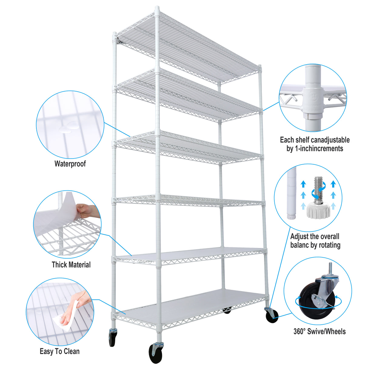 6 Tier 6000lbs Capacity NSF Metal Shelf Wire Shelving Unit Heavy Duty Adjustable Storage Rack with Wheels & Shelf Liners for Commercial Grade Utility Steel White 82"H x 48"L x 18"D