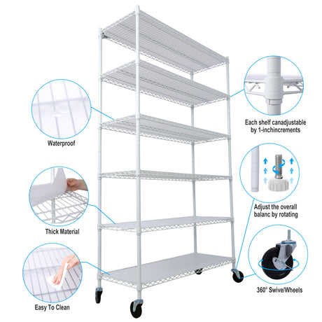 6 Tier 6000lbs Capacity NSF Metal Shelf Wire Shelving Unit Heavy Duty Adjustable Storage Rack na may Mga Gulong at Shelf Liner para sa Commercial Grade Utility Steel White 82"H x 48"L x 18"D