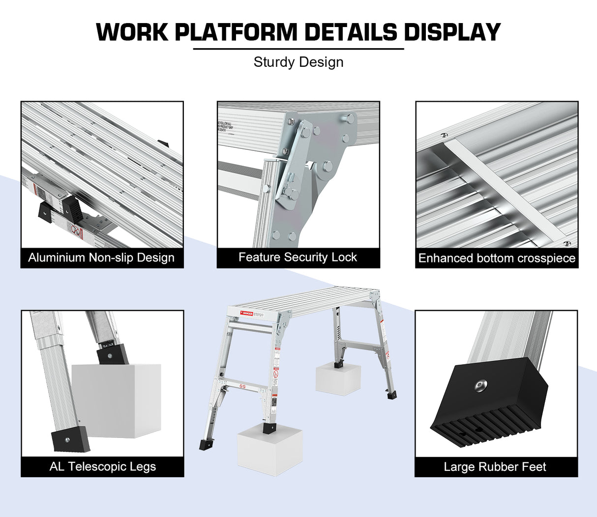 Plataforma de trabajo de aluminio Taburete de gran tamaño Banco portátil plegable 40 "de ancho Pies telescópicos 22" -27.5 "Altura ajustable - Gris