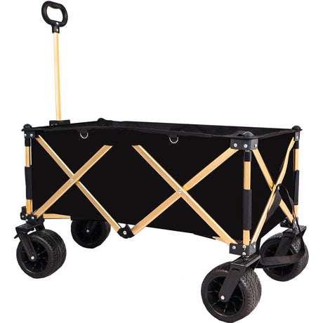 Aluminum Alloy Folding Wagon Heavy Duty Utility Beach Cart for Sand with Big Wheels Adjustable Handle Drink Holders for Shopping Camping Garden and Outdoor Black