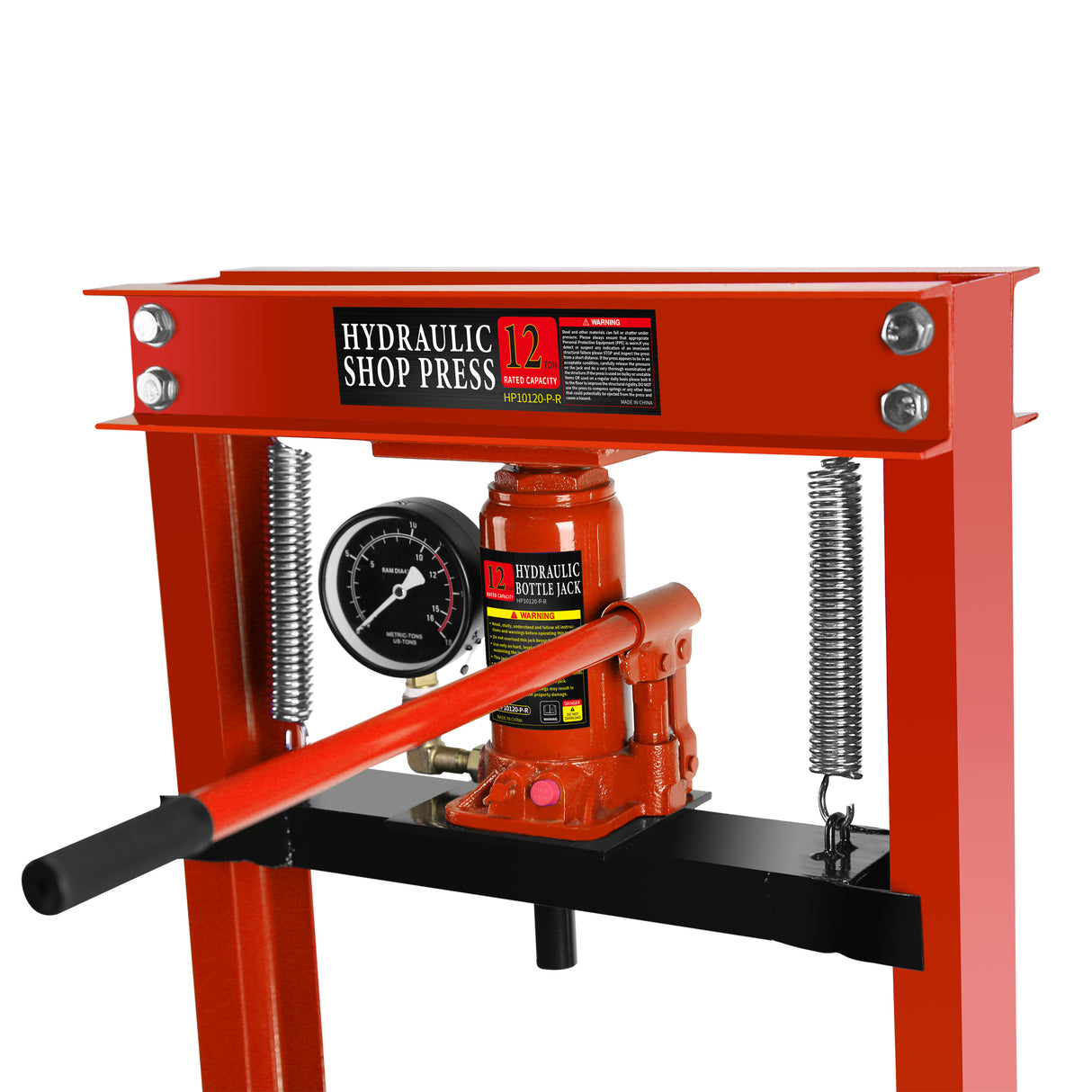 Hydraulische Garagen-/Werkstattpresse aus Stahl mit H-Rahmen und Stempelplatten, Manometer, 12 Tonnen (24.000 lb) Kapazität, Rot