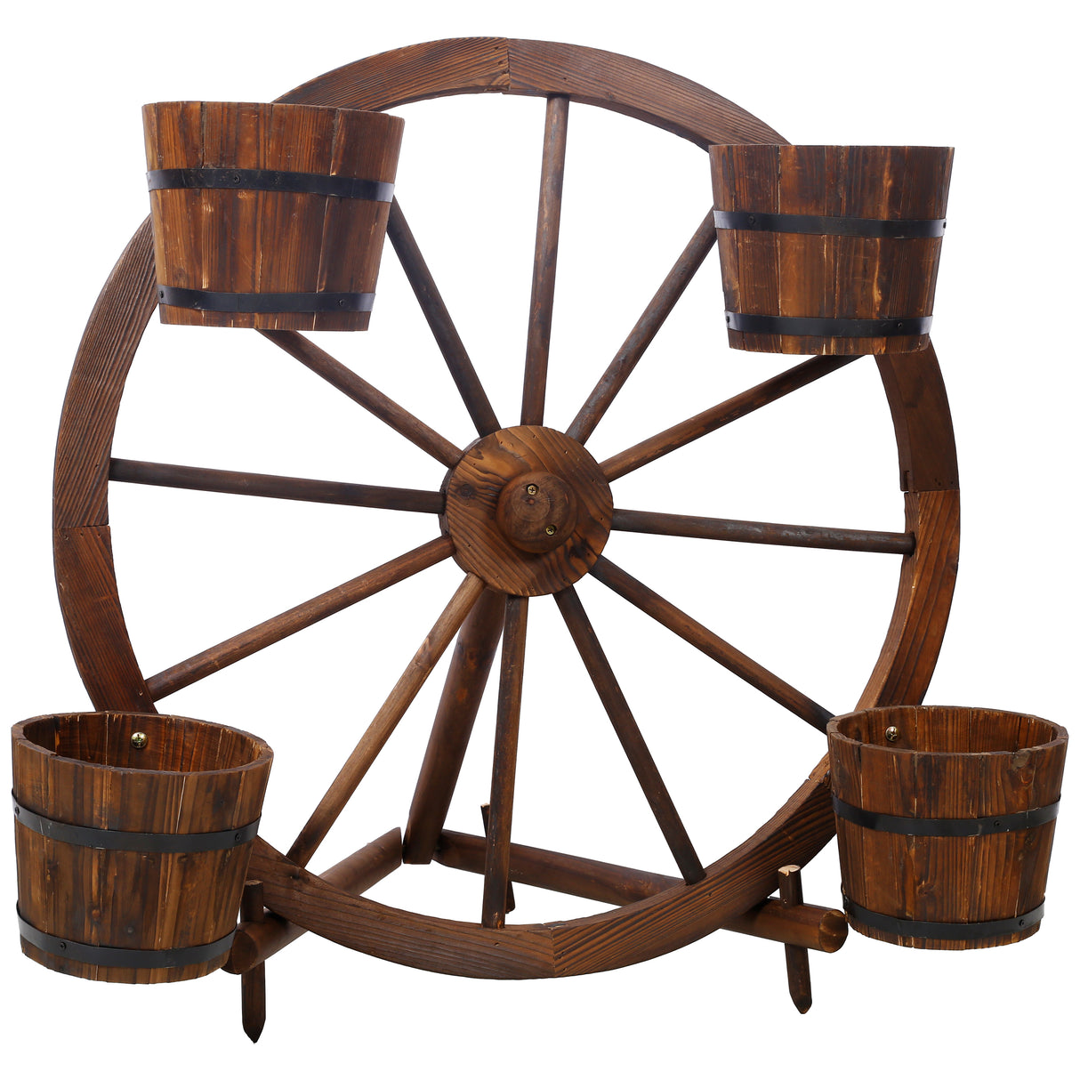 Wood Wagon Wheel Barrel Planter Display--Brown