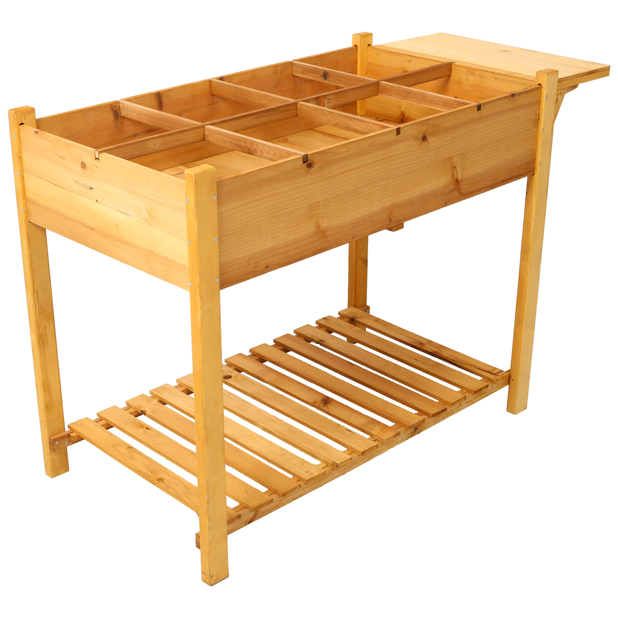 Cama de jardín elevada para horticultura, 8 bolsillos, soporte elevado para macetero de madera con mesa auxiliar plegable y estante de almacenamiento para hierbas/verduras/flores, color marrón