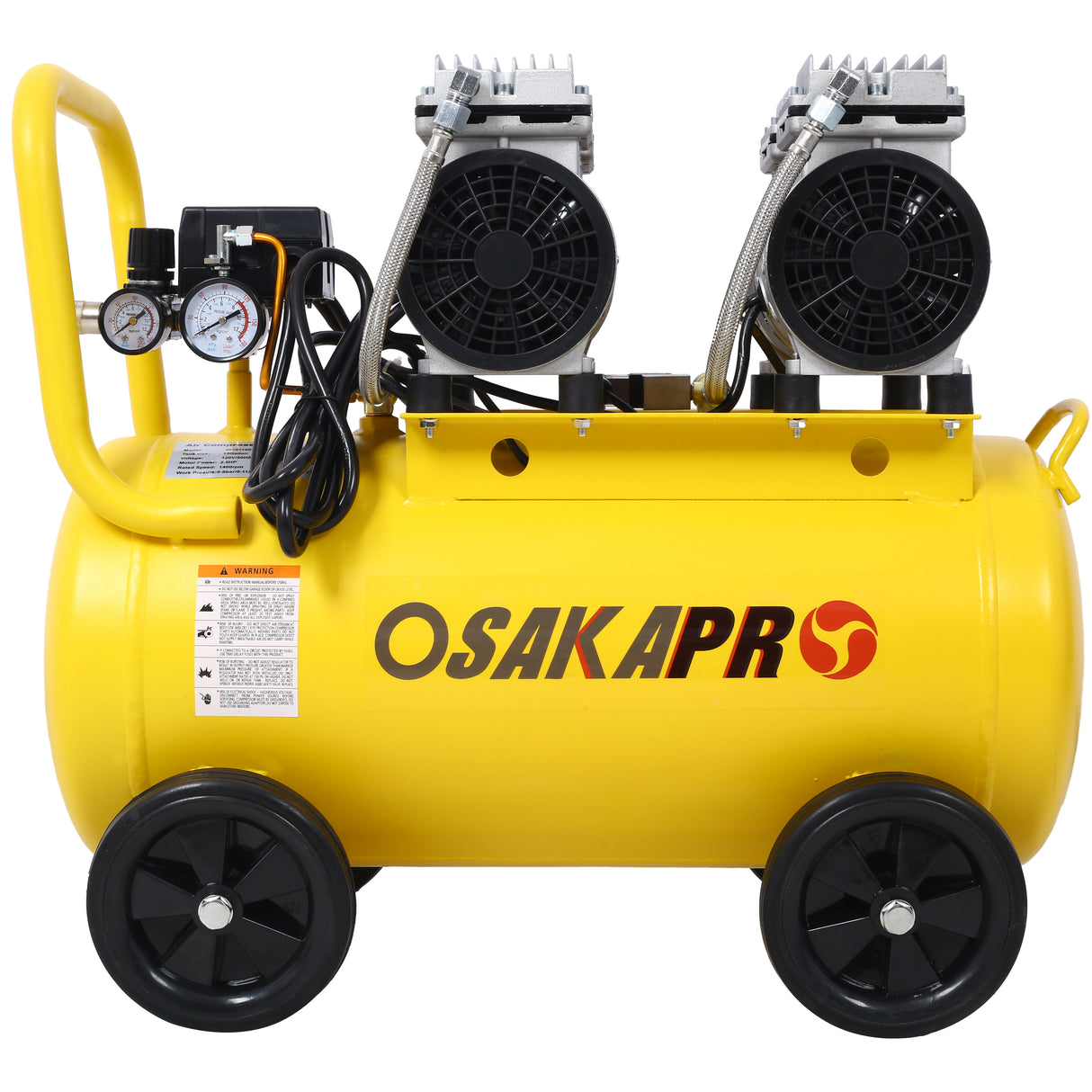 Compresor de aire silencioso de 2.5 HP Taller eléctrico sin aceite de 13 galones Portátil liviano con ruedas Nivel de ruido de 70 DBA con válvula de drenaje automática Amarillo