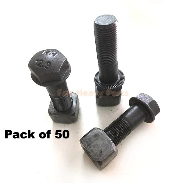 M16*53mm Track Shoe Bolt Chain Bolt with Nuts for Volvo CAT Fits Case Kobelco Fits Komatsu JD Excavator Loader- Pack of 50