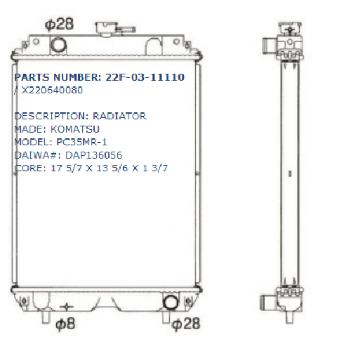 Se adapta al conjunto de radiador hidráulico Komatsu Excavator PC35MR-1 PC35MRX-1A PC38UU-3 22F-03-11110